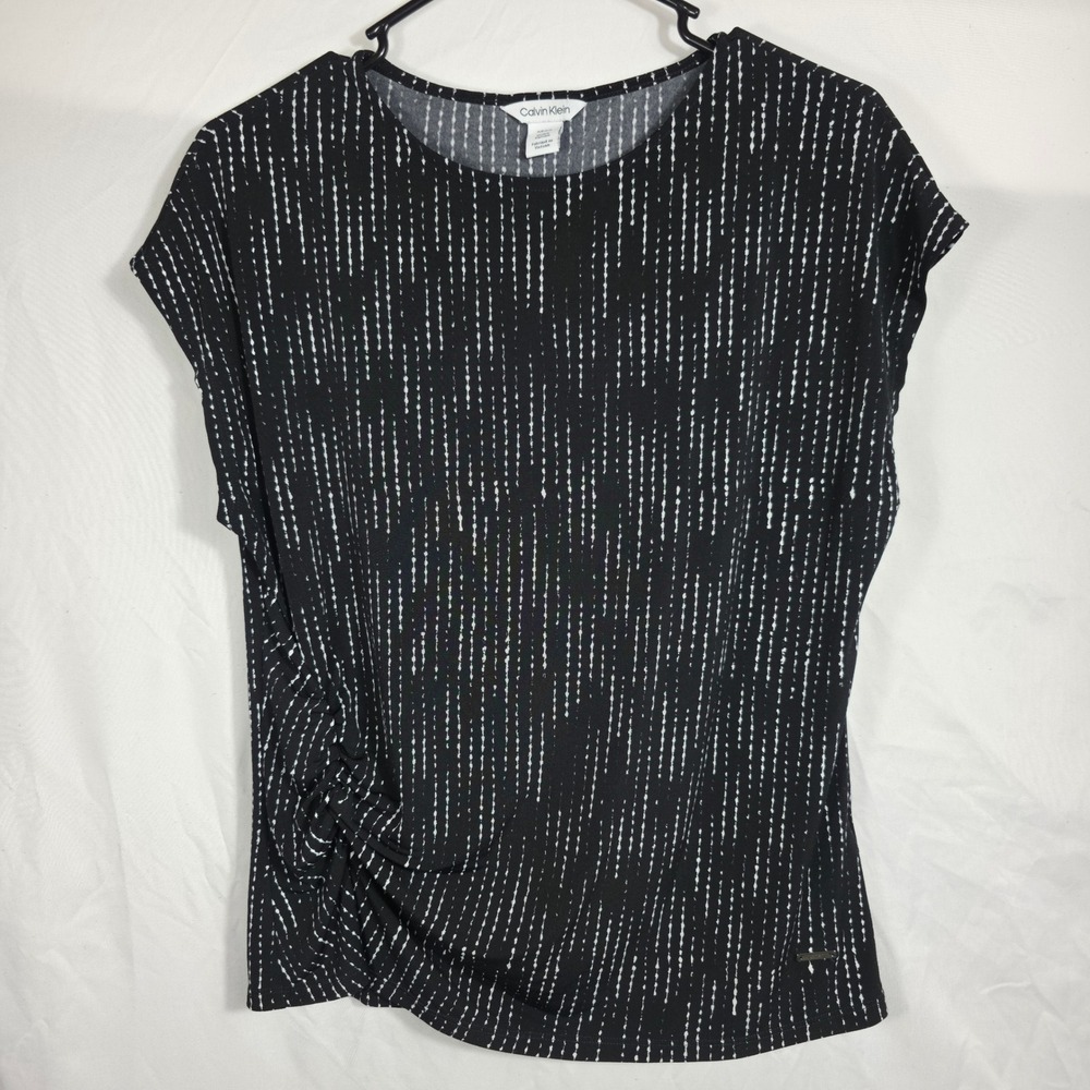 Calvin Klein Ruched Top Womens Small Black White Dash Print Excellent Cap Sleeve